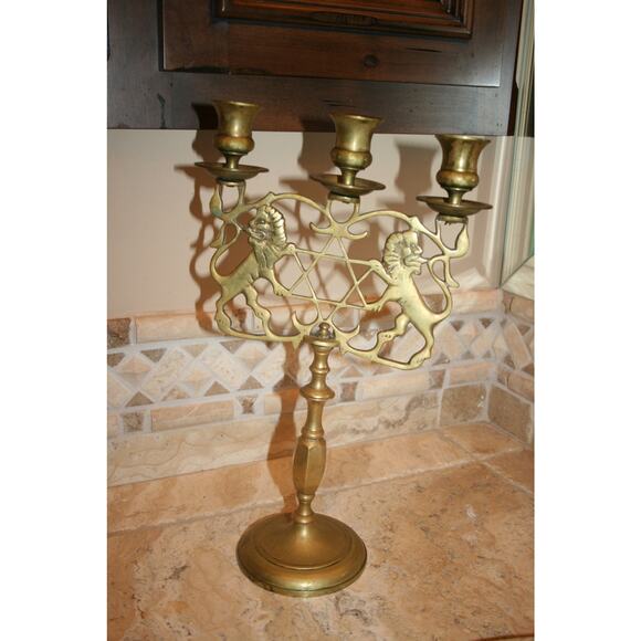 Antique Judea Lions Three-Armed Shabbat Candelabra - Picture 3 of 9